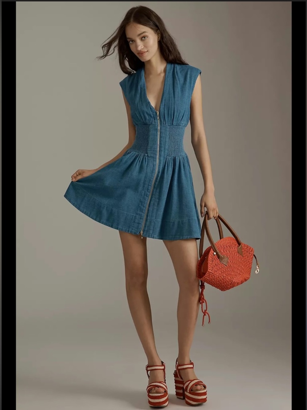Anthropologie Blue Denim Zip-Front Mini Dress